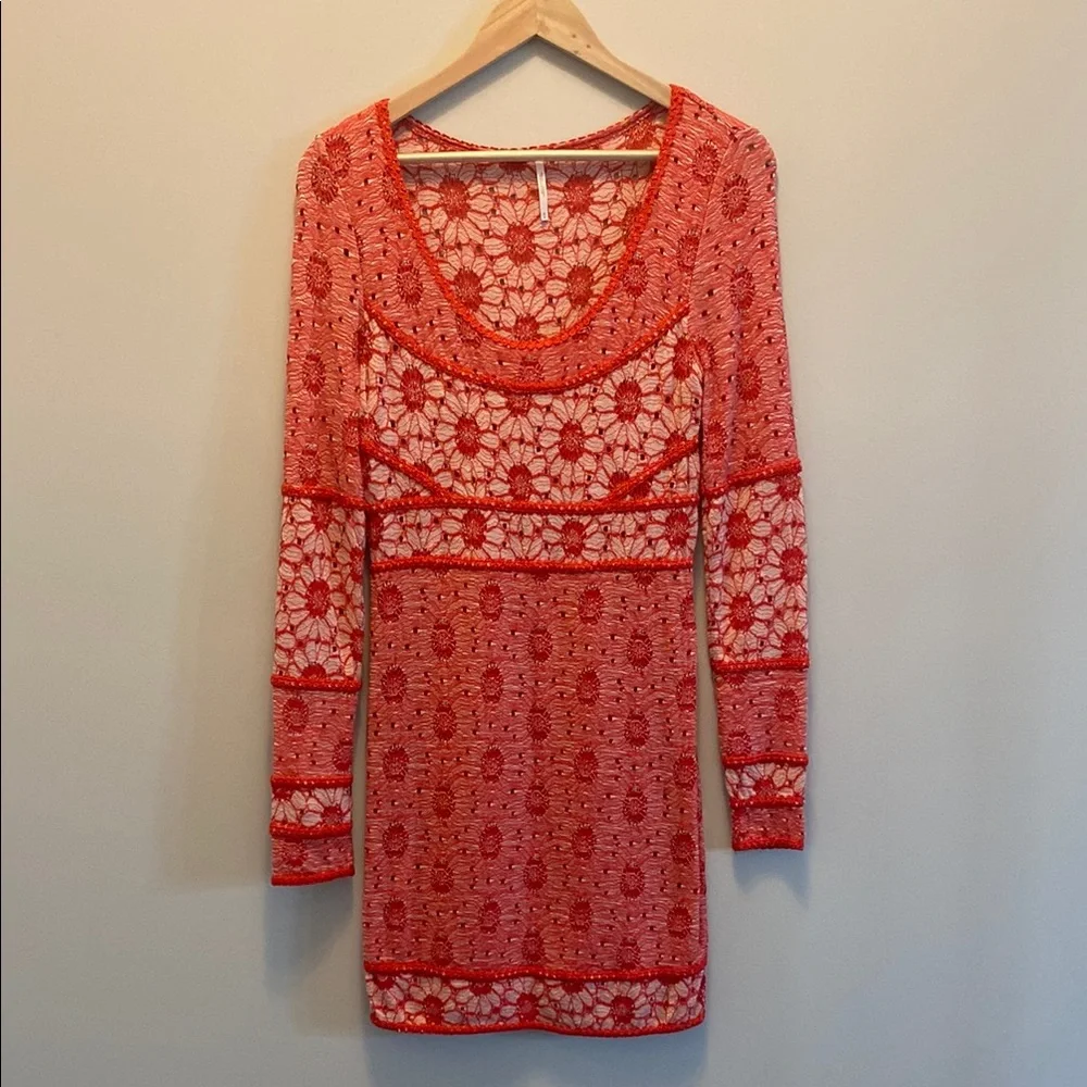 Free People Red Fitted Long Sleeve Delilah Dress